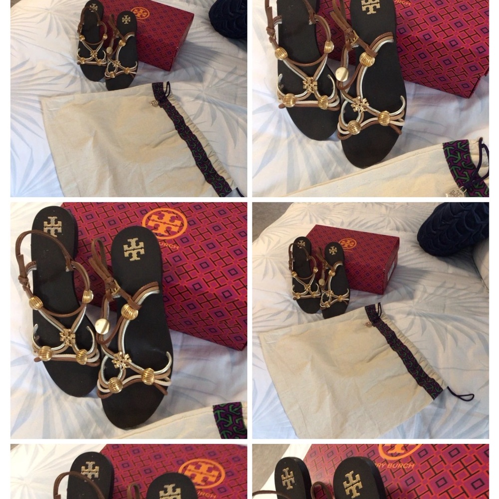 Tory Burch Gold and Brown Strappy Sandals